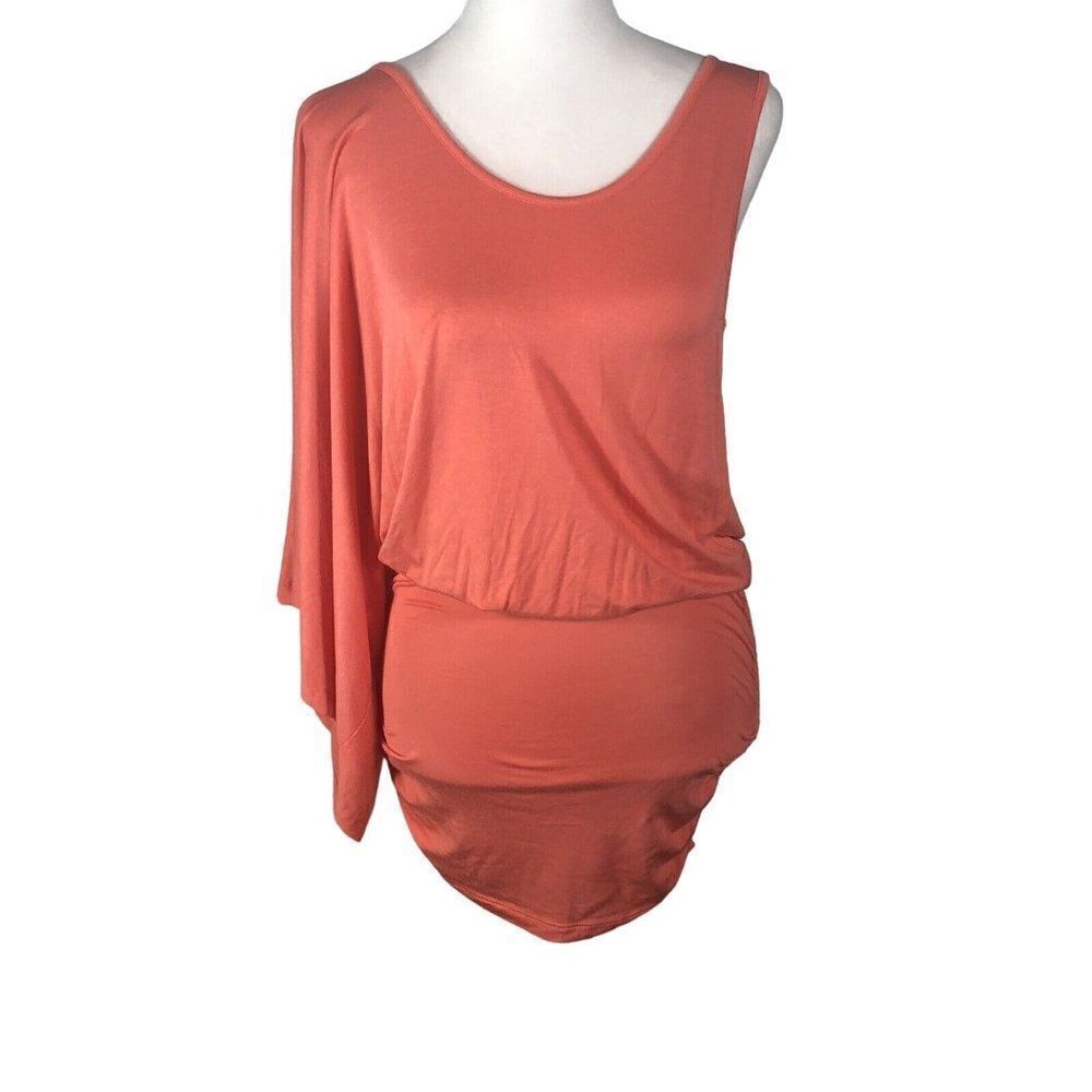 NEW Arden B Bright Coral One Shoulder Kimono Mini Dress M Ruched Bodycon Skirt